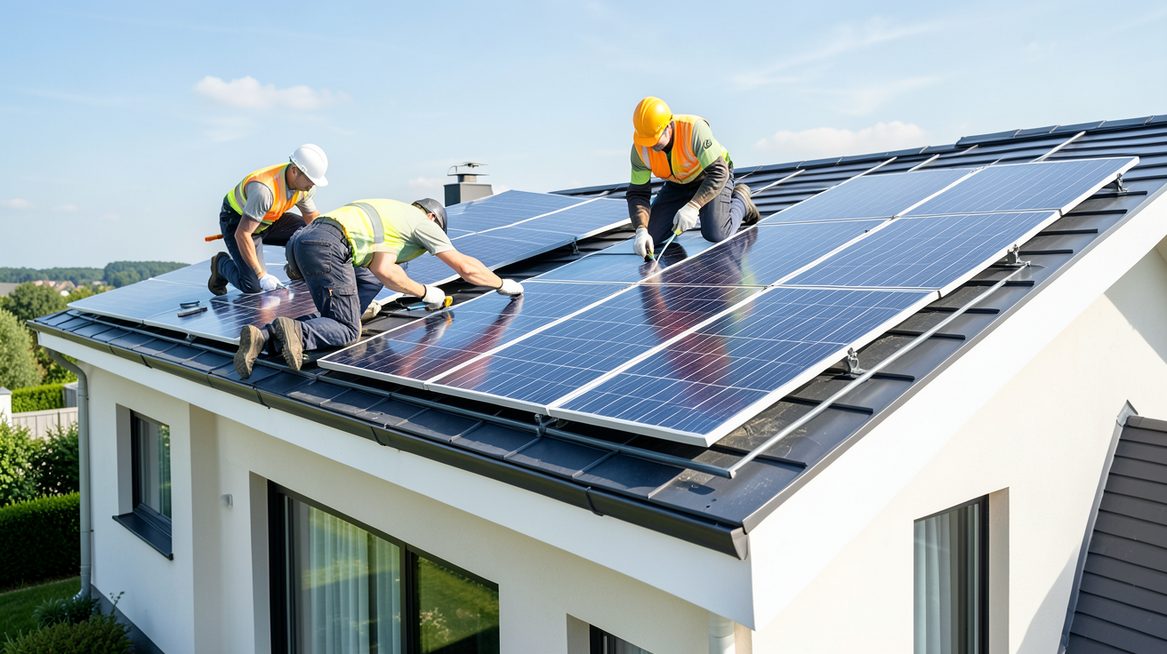 société panneaux photovoltaique installant des modules solaires sur une toiture résidentielle.
