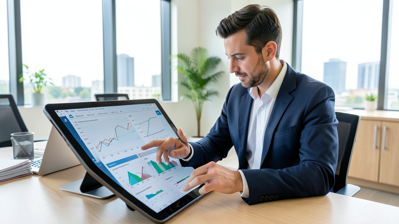 société panneaux photovoltaique représentée par un expert analysant un tableau comparatif des leaders du marché sur une tablette.
