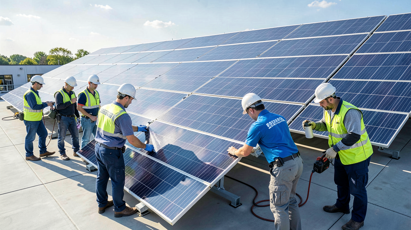 societe panneaux solaire représentée par une équipe de techniciens qualifiés sur une installation photovoltaïque
