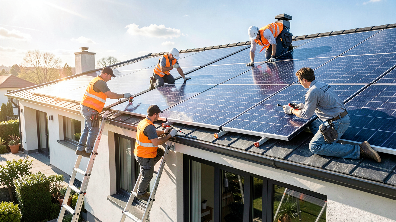 societe panneaux solaire effectuant l'installation de panneaux photovoltaïques sur un toit de maison résidentielle