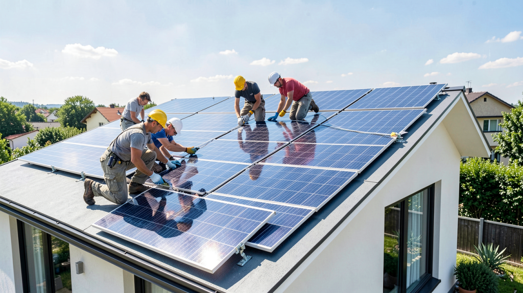 societe panneaux solaire installant des modules photovoltaïques sur une toiture résidentielle