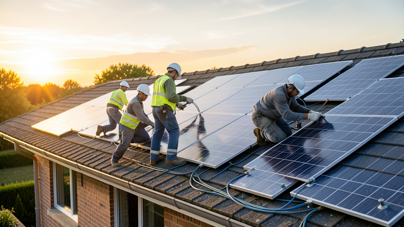 société photovoltaïque en train d'installer des panneaux solaires sur un toit résidentiel