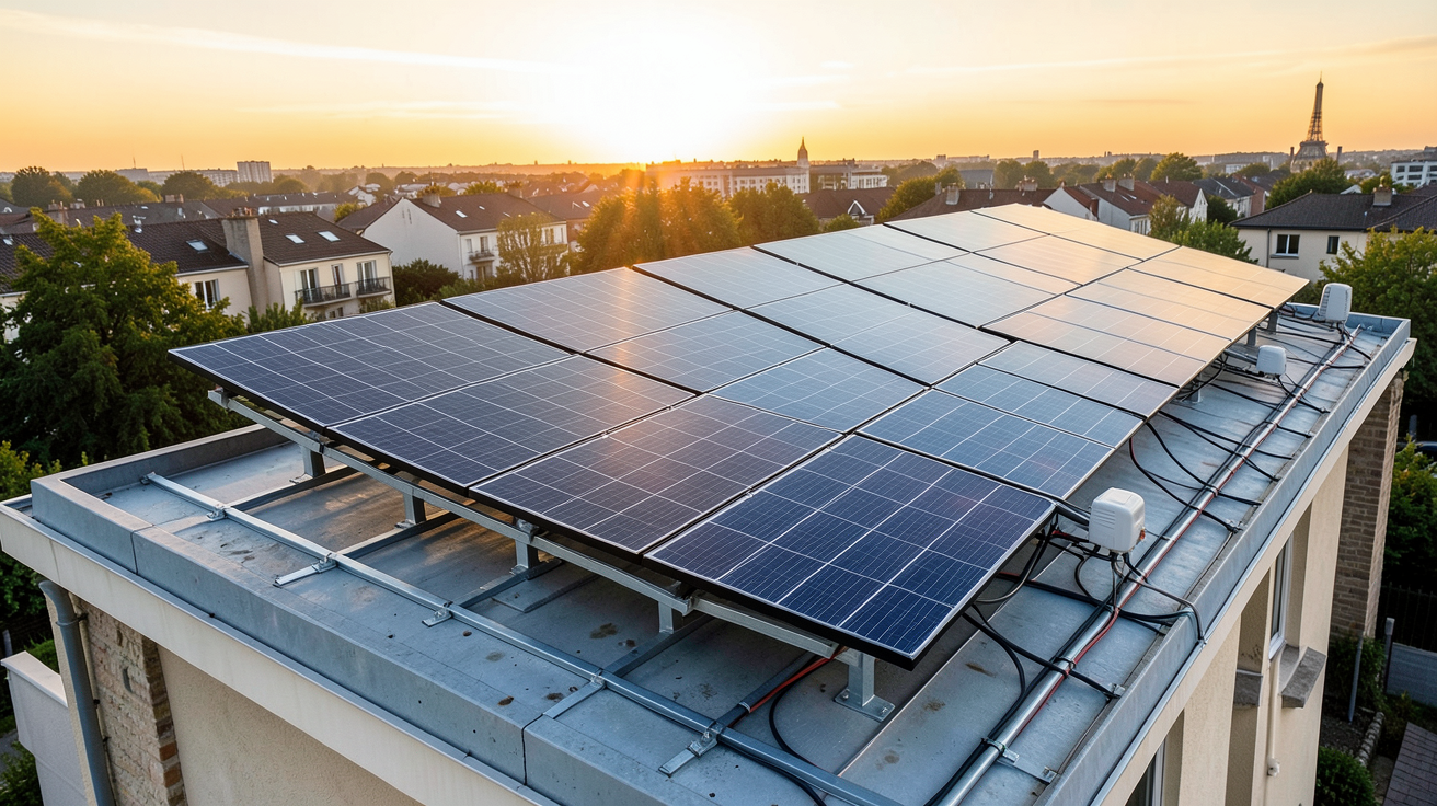 société photovoltaïque illustrant les différents types d'installations solaires en France sur un toit de maison