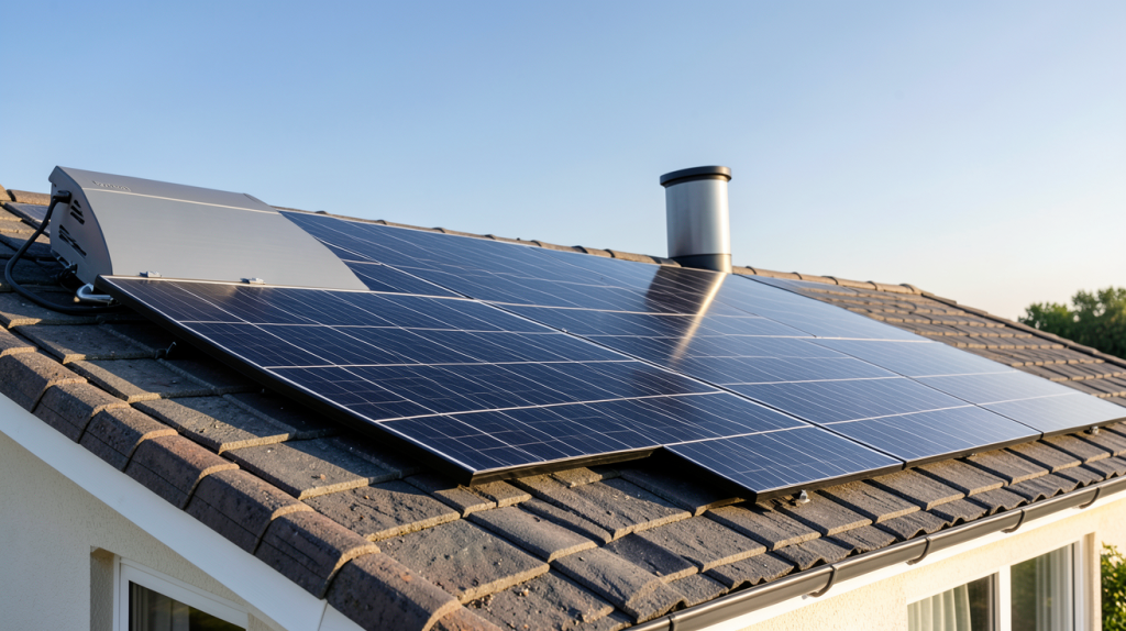solaire autoconsommation batterie installée sur le toit d'une maison individuelle