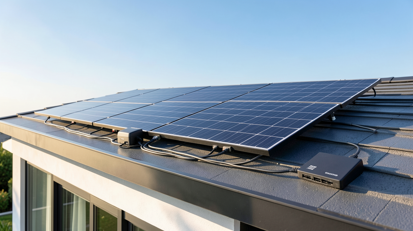 solaire autoconsommation batterie : kit complet installé sur un toit de maison moderne avec panneaux solaires et batterie lithium-ion