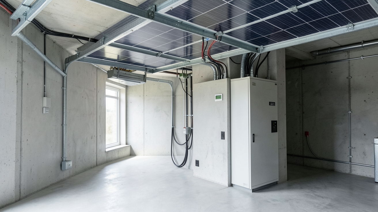 solaire autoconsommation batterie installée dans une maison moderne avec panneaux solaires sur le toit et unité de stockage en intérieur