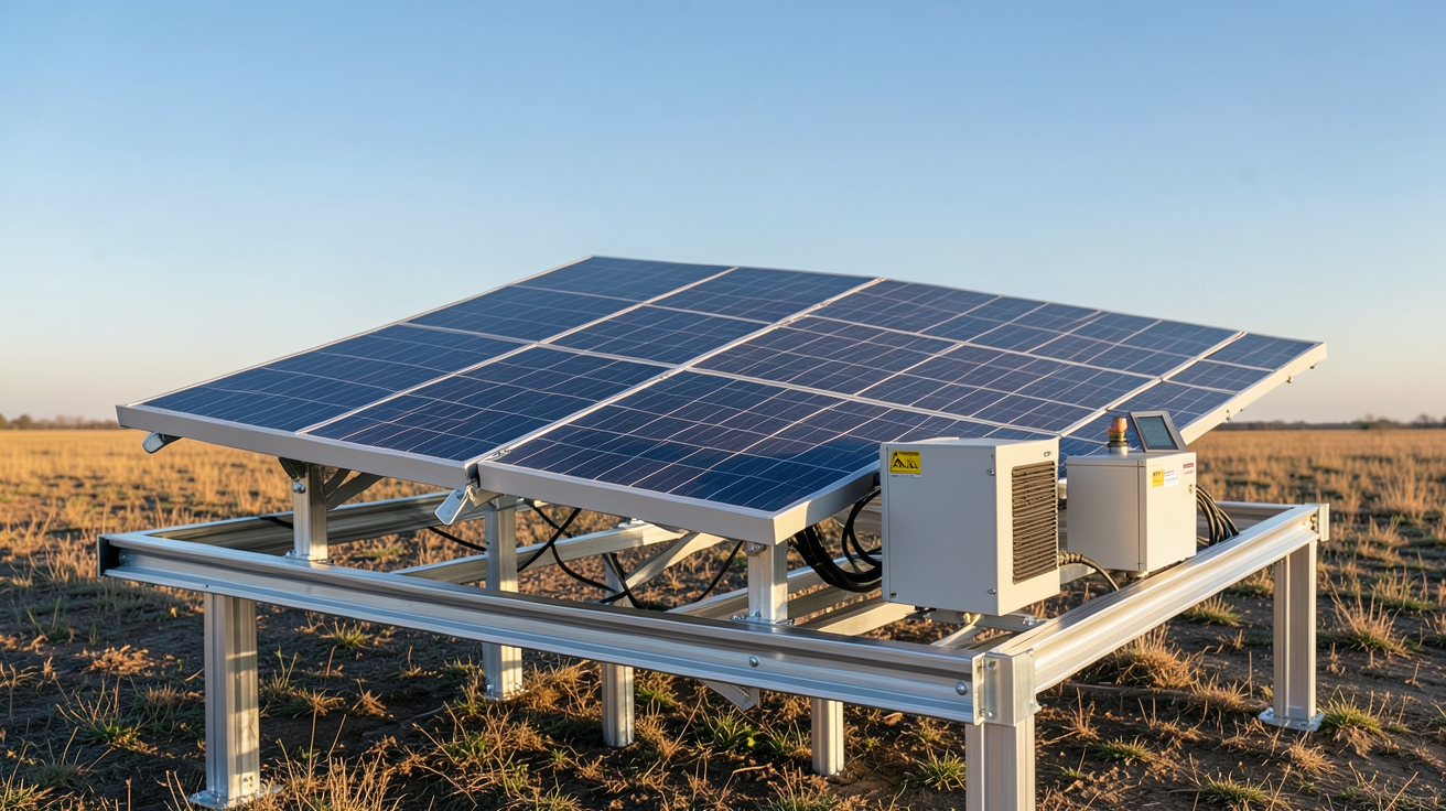 kit solaire autonome complet avec panneaux photovoltaïques, batterie de stockage et onduleur disposés en extérieur