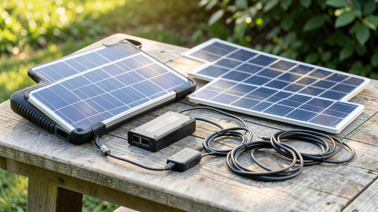 solaire autonome différents types de kits solaires posés sur une table en bois extérieur avec lumière naturelle