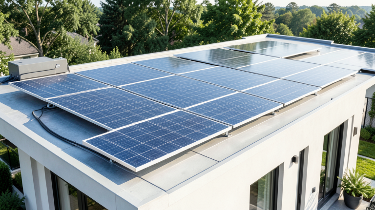 solaire autonome panneaux solaires installés sur le toit d’une maison moderne avec batterie de stockage