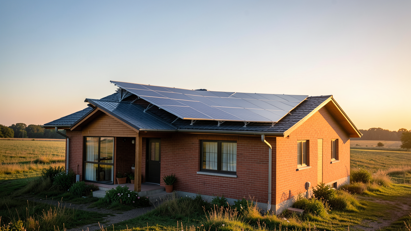 solaire autonome : panneaux solaires installés sur le toit d'une maison isolée en campagne