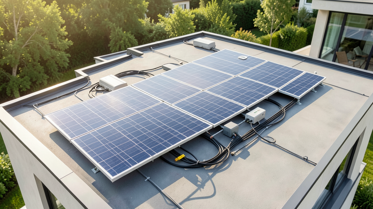 solaire avec batterie et kit de micro-onduleurs installé sur un toit de maison moderne