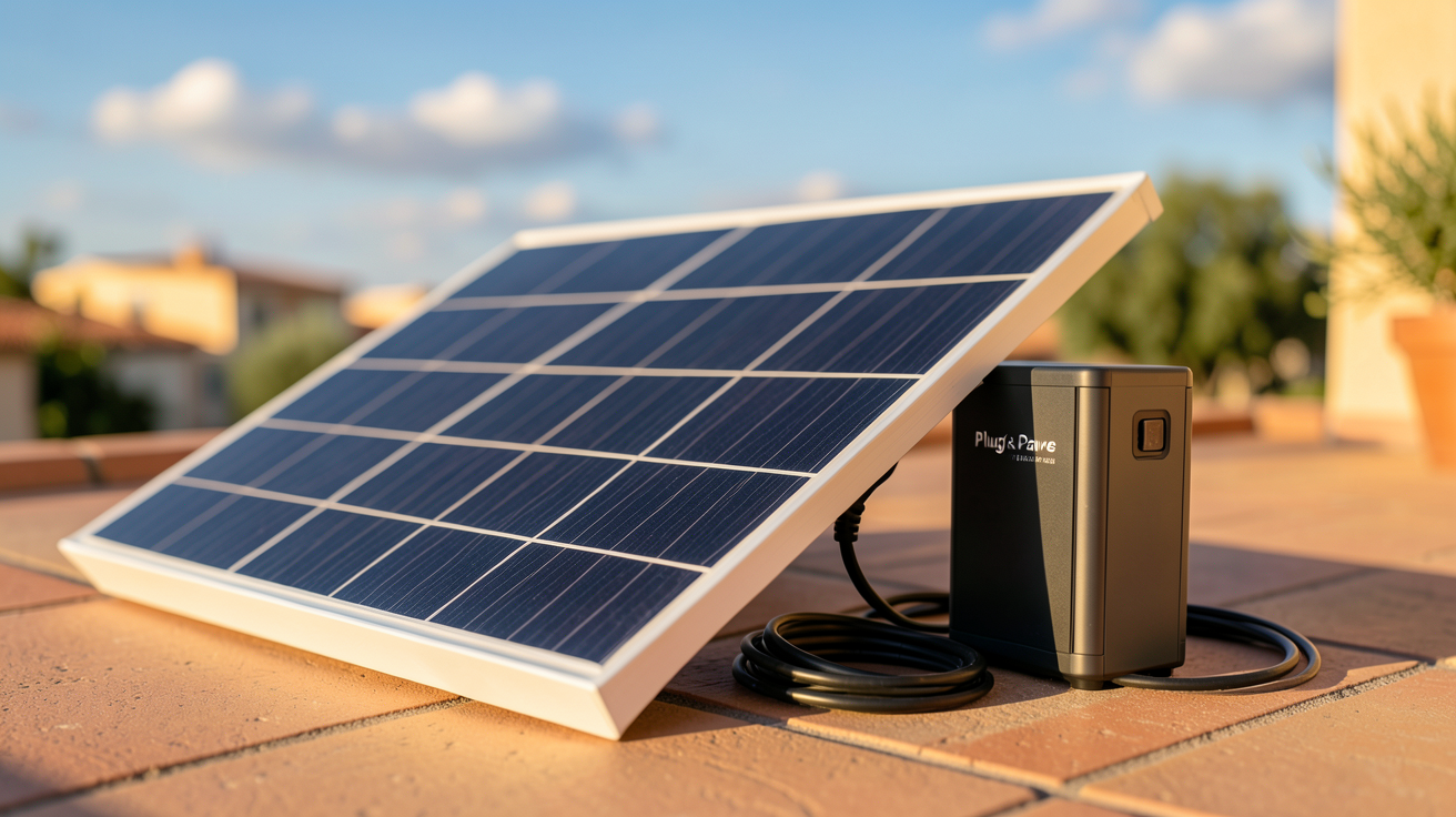 solaire avec batterie : kit Plug & Play posé sur une terrasse ensoleillée avec panneaux solaires et batterie intégrée