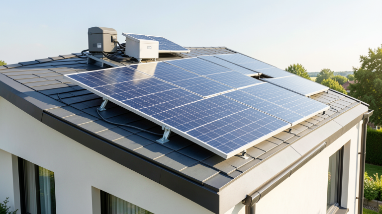 solaire avec batterie installée sur le toit d'une maison moderne, panneaux photovoltaïques et unité de stockage visibles, image 100 % photographique