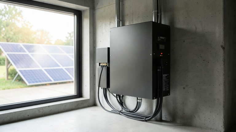 solaire batterie de stockage installée dans un garage moderne connectée à des panneaux solaires