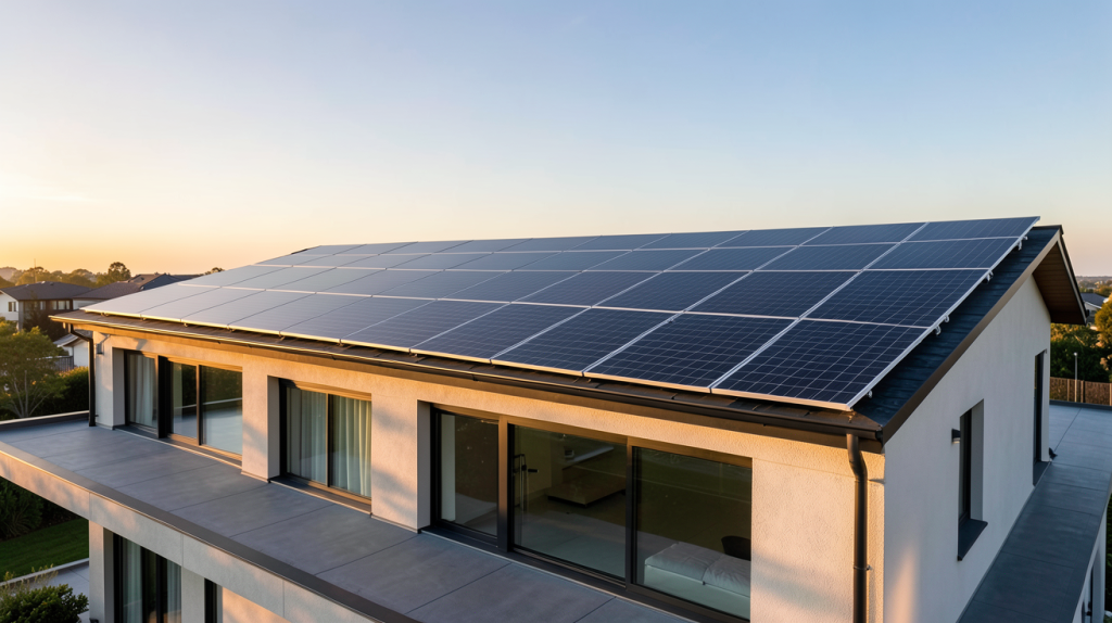 solaire Beem installation de panneaux photovoltaïques noirs sur le toit d'une maison contemporaine