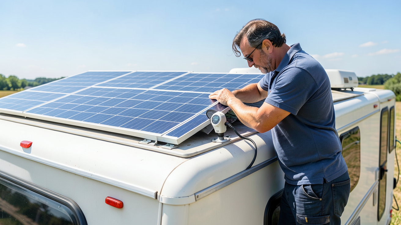 solaire camping car installé sur le toit d'un véhicule de loisirs