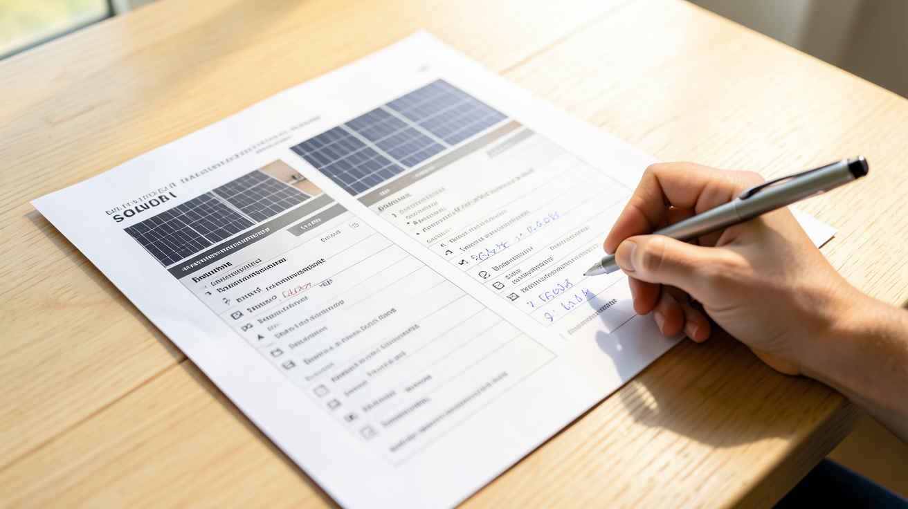 solaire devis comparés sur une table avec une liste de contrôle et un stylo
