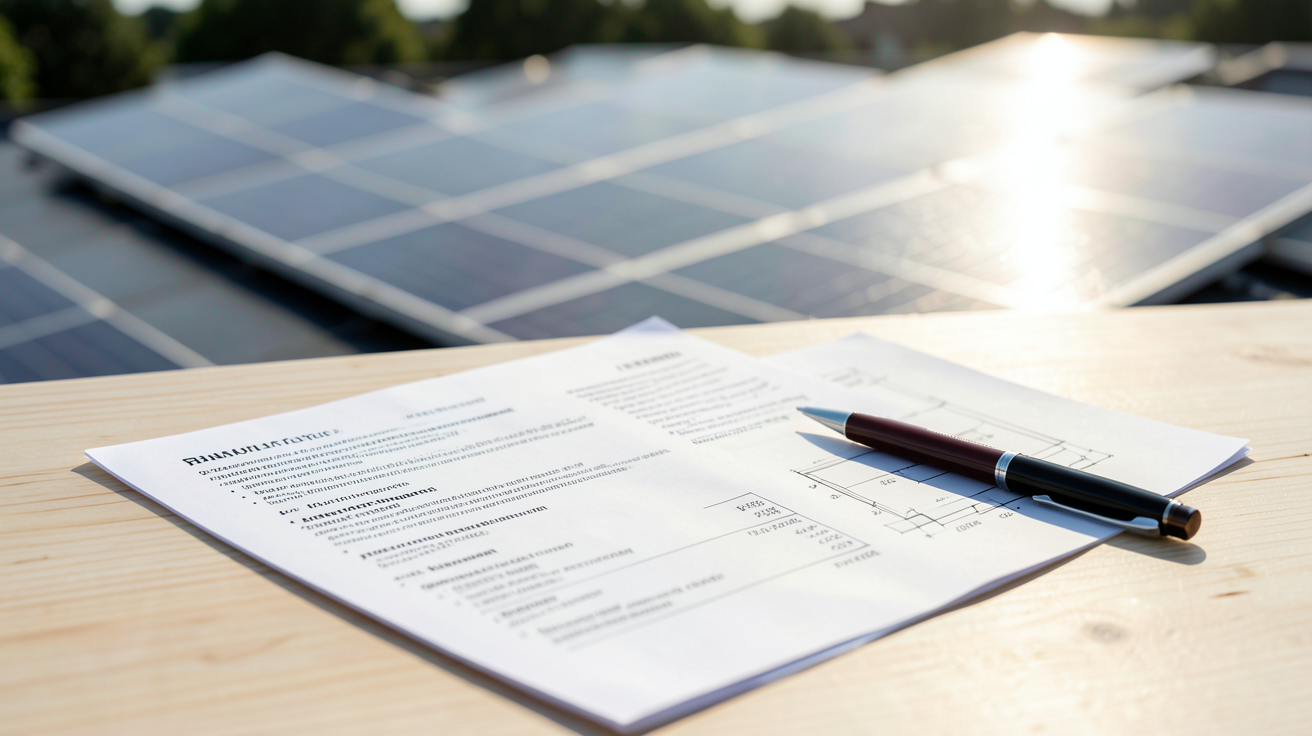 solaire devis détaillé présentant les éléments d'une installation photovoltaïque sur une table.