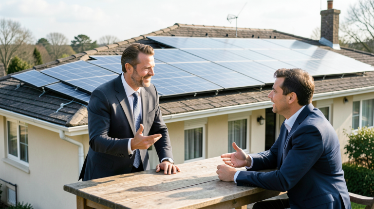 solaire devis installation de panneaux solaires sur une maison avec un professionnel et un client