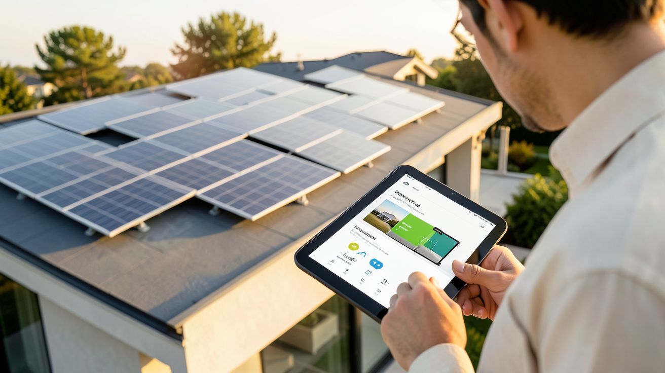 solaire devis consulté sur une tablette numérique devant une maison équipée de panneaux solaires