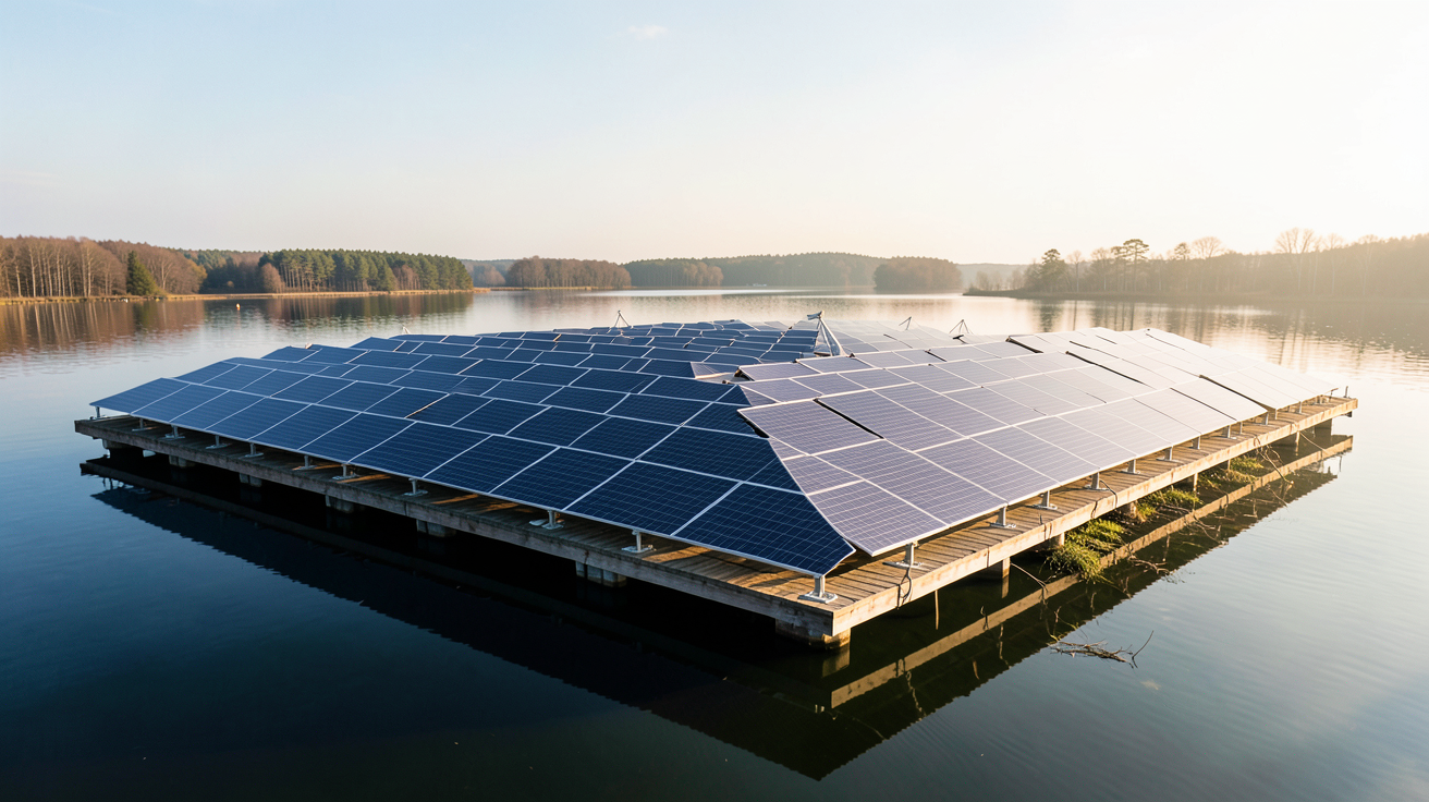 solaire flottant installé sur un lac calme avec des panneaux photovoltaïques