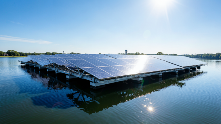 solaire flottant centrale installée sur un lac avec panneaux photovoltaïques