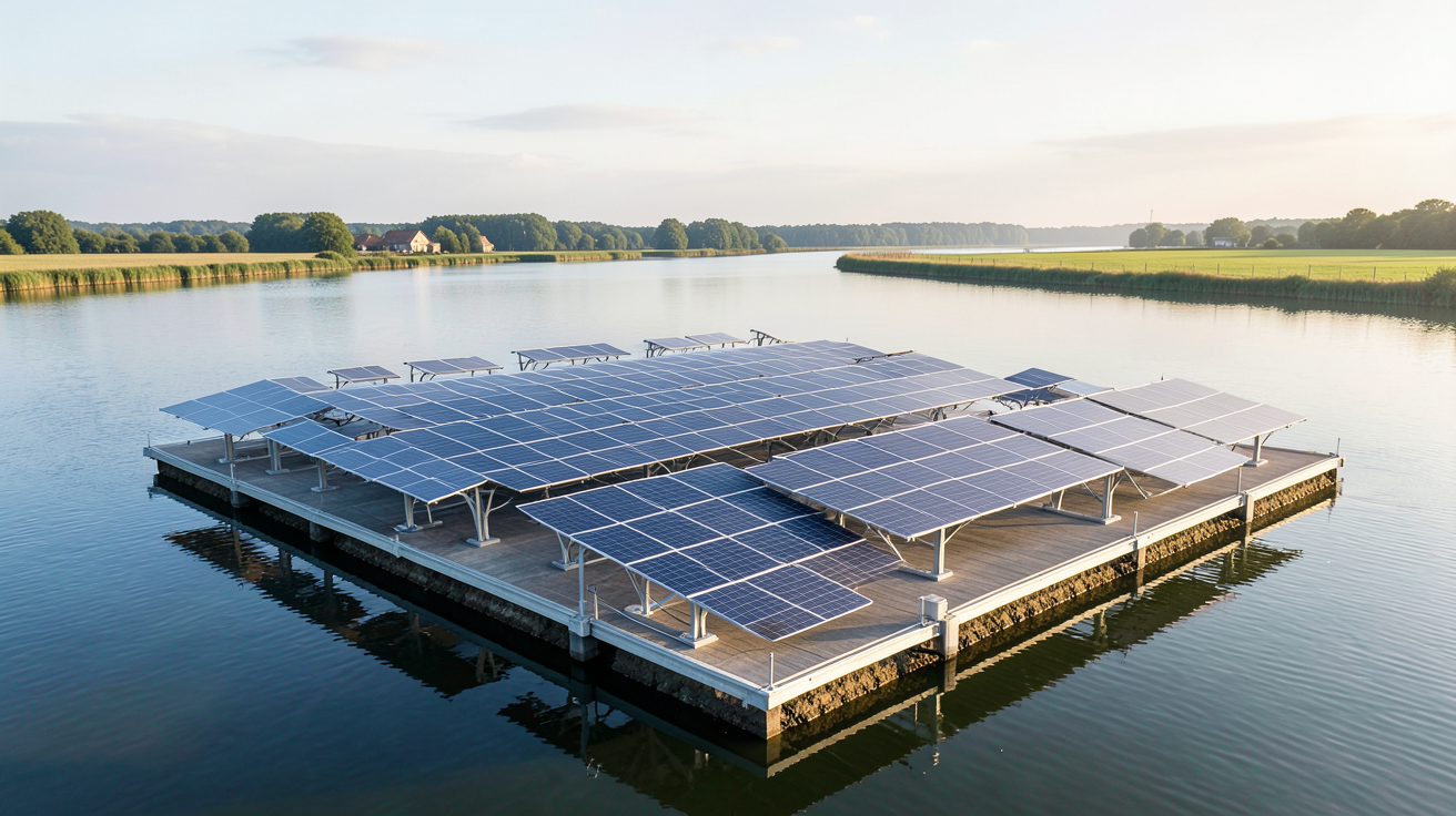solaire flottant montrant une centrale photovoltaïque flottante avec panneaux bifaciaux et système de suivi solaire sur un lac calme
