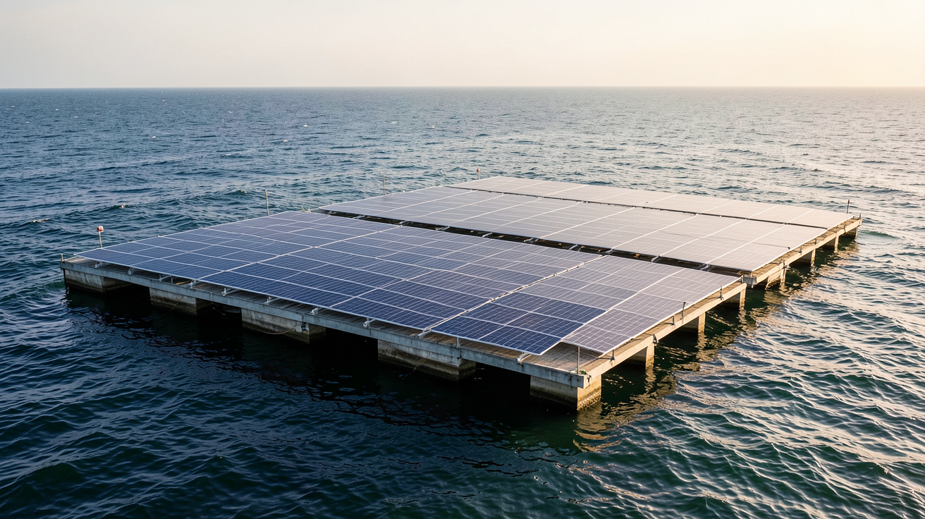 solaire flottant installé en mer sur une plateforme flottante avec panneaux photovoltaïques