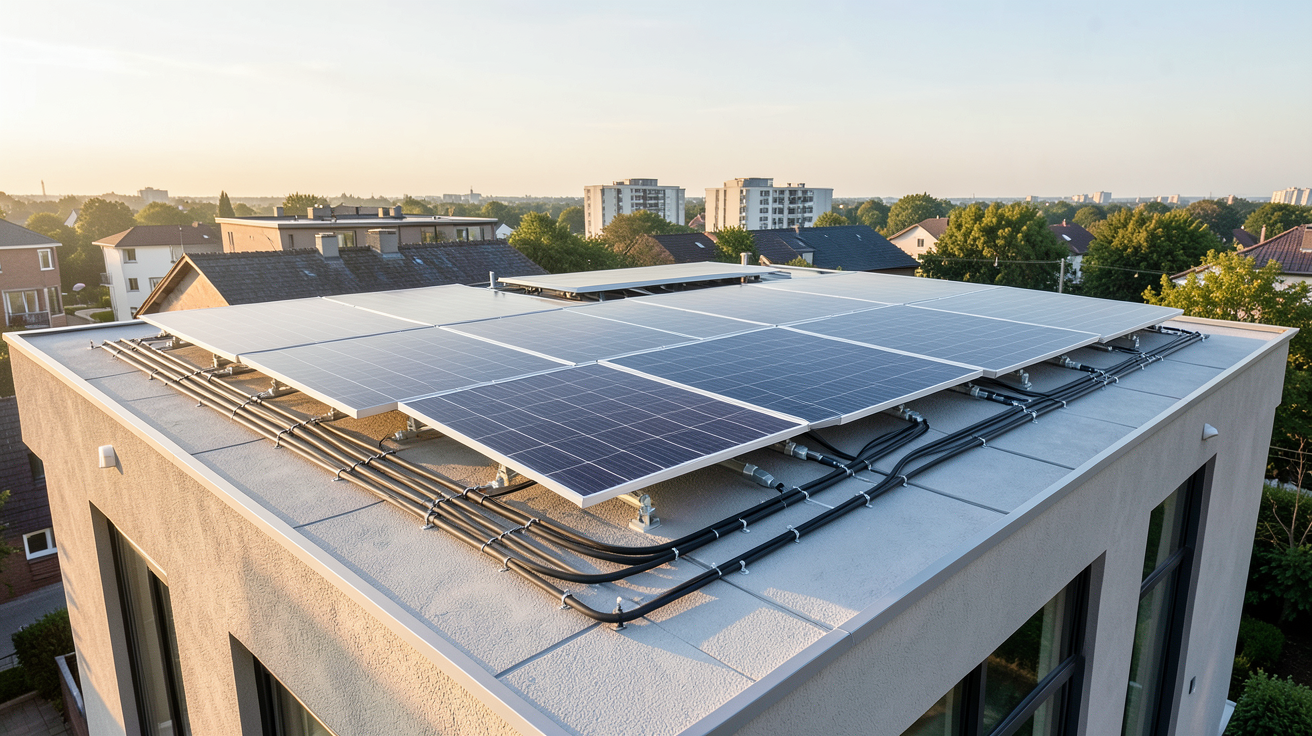solaire hybride combinant panneaux photovoltaïques et capteurs thermiques installés sur le toit d'une maison moderne