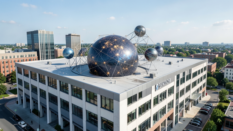 solaire hybride installé sur le toit d'un bâtiment commercial moderne, montrant panneaux photovoltaïques et turbine thermique intégrés