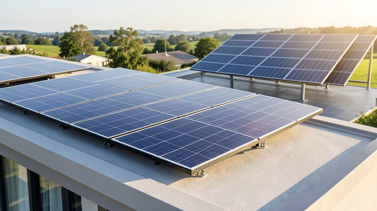 solaire IKEA installé sur toit de maison moderne comparé à un système solaire premium en arrière-plan