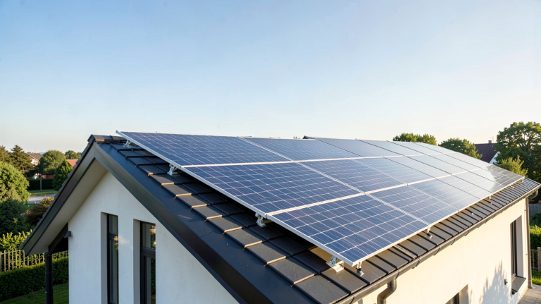 solaire ou photovoltaïque panneaux solaires installés sur le toit d'une maison individuelle