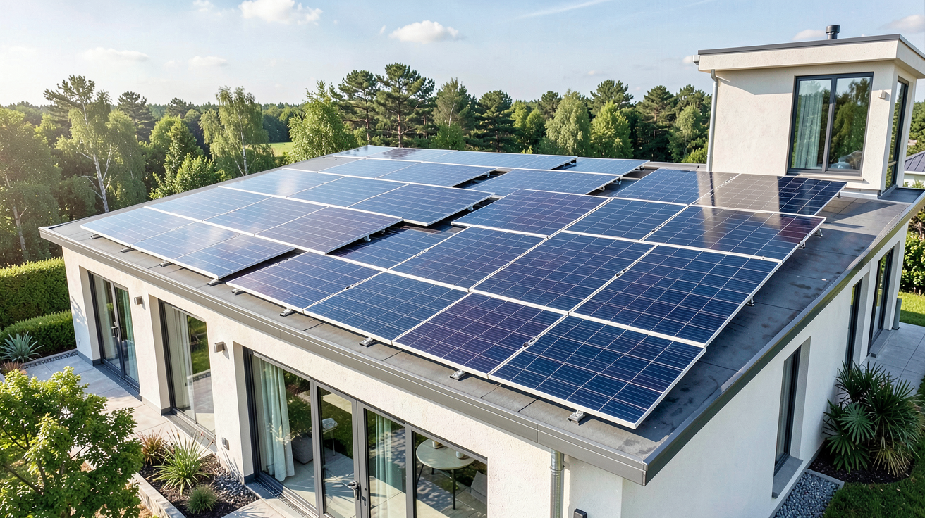 solaire panneau installé sur le toit d'une maison contemporaine
