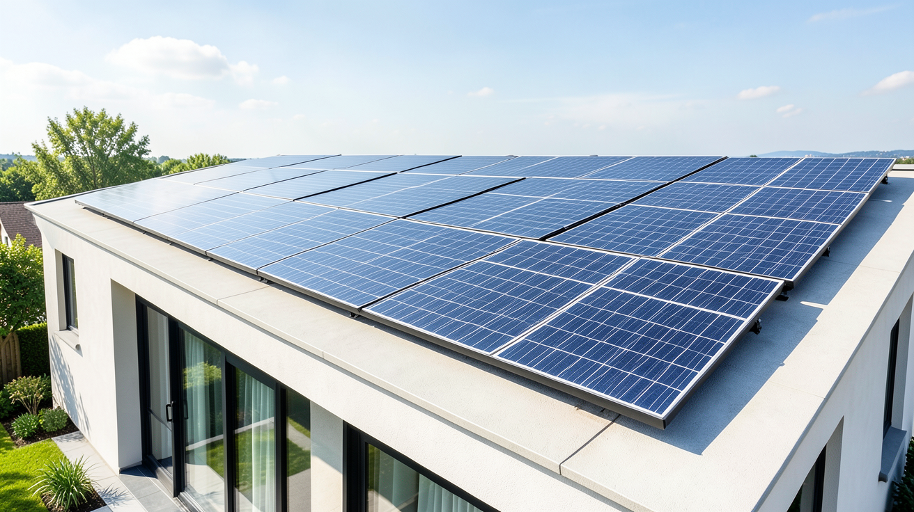 solaire panneau photovoltaique installé sur le toit d'une maison moderne sous un ciel clair