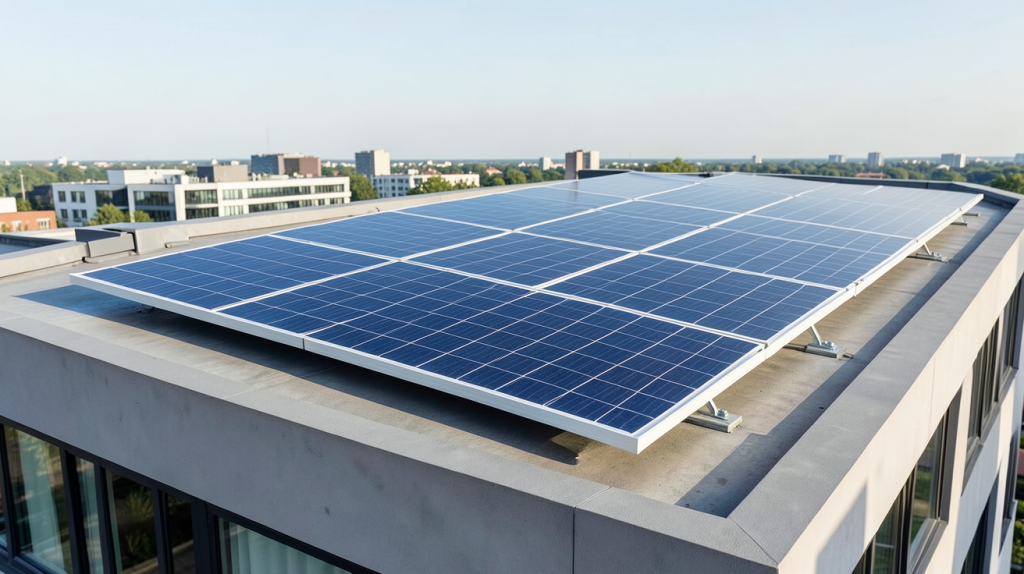 solaire panneau photovoltaique installé sur le toit d'un bâtiment moderne, capturant la lumière du soleil en plein jour