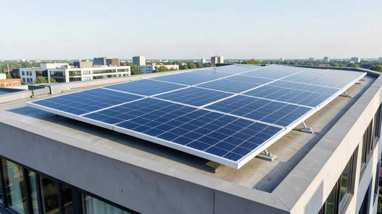 solaire panneau photovoltaique installé sur le toit d'un bâtiment moderne, capturant la lumière du soleil en plein jour