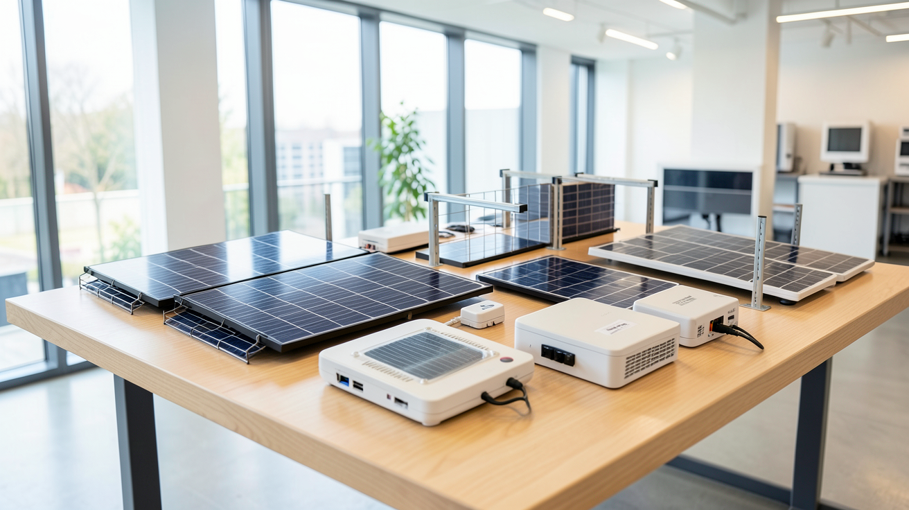 solaire photovoltaïque autoconsommation différents kits exposés sur une table en bois clair dans un showroom lumineux