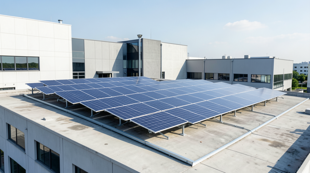solaire photovoltaïque autoconsommation installation sur le toit d'un bâtiment industriel avec panneaux solaires modernes, cadre lumineux et net