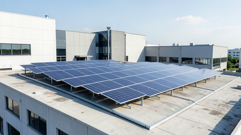 solaire photovoltaïque autoconsommation installation sur le toit d'un bâtiment industriel avec panneaux solaires modernes, cadre lumineux et net