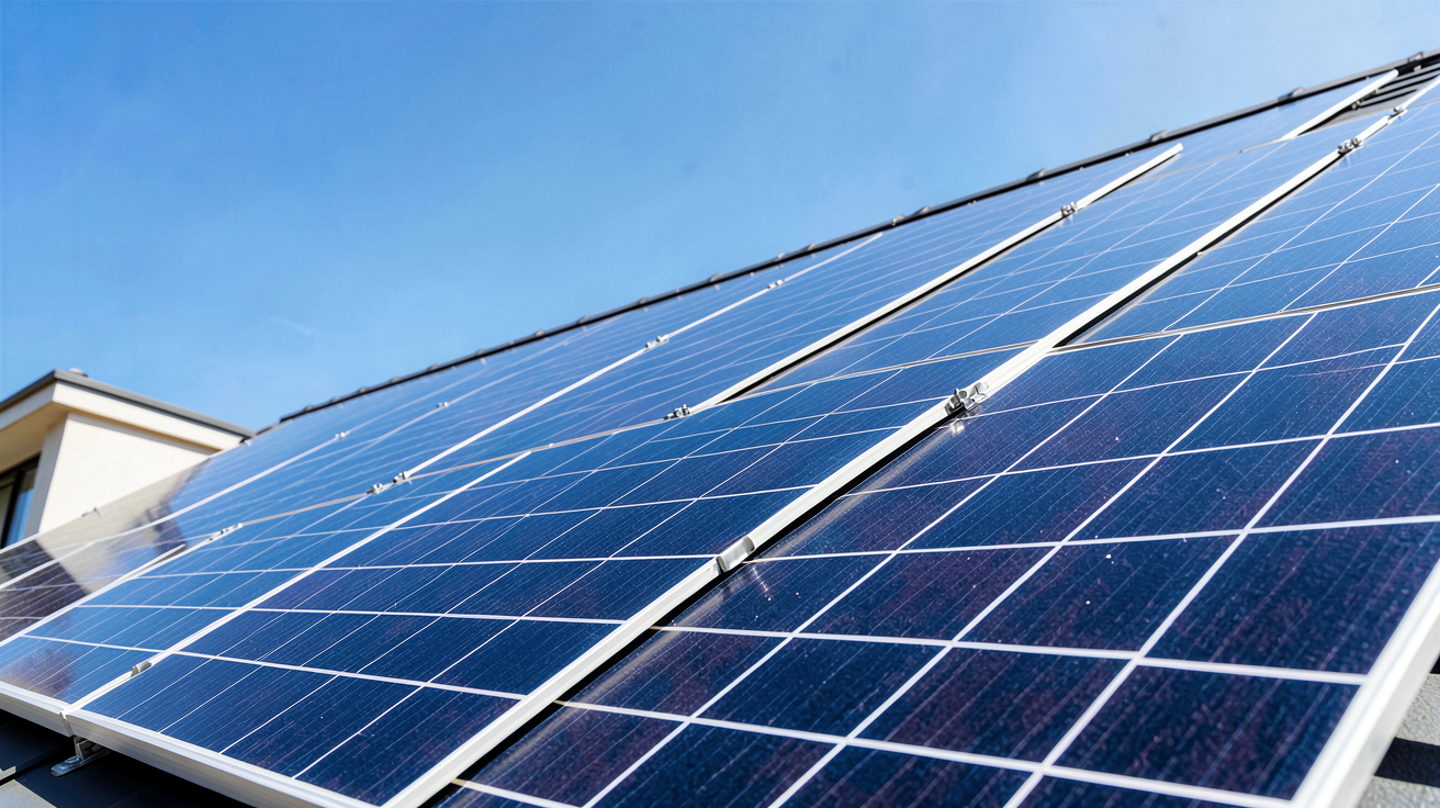 solaire photovoltaïque installé sur le toit d'une maison moderne sous un soleil éclatant