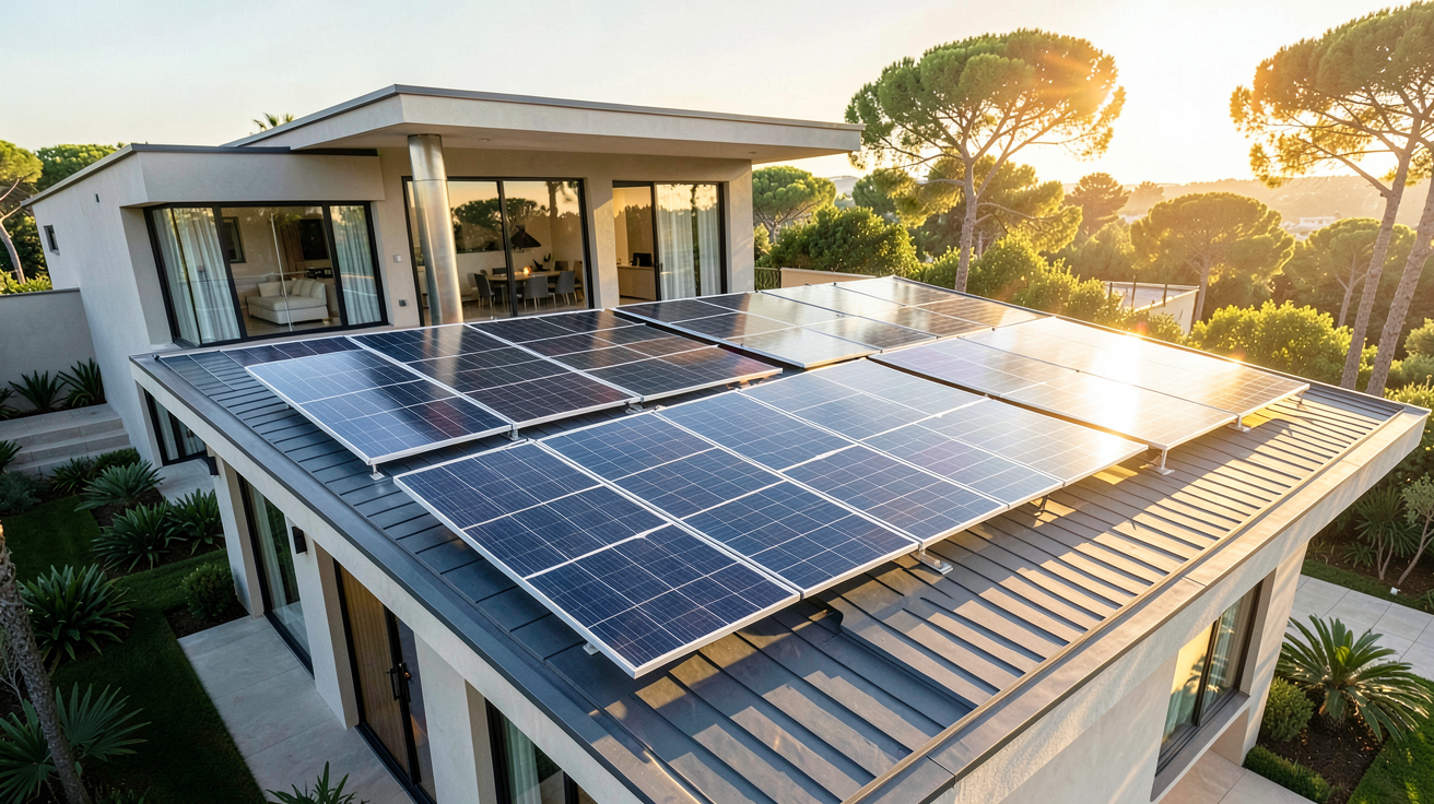 solaire photovoltaïque installé sur le toit d'une maison moderne sous une lumière solaire éclatante