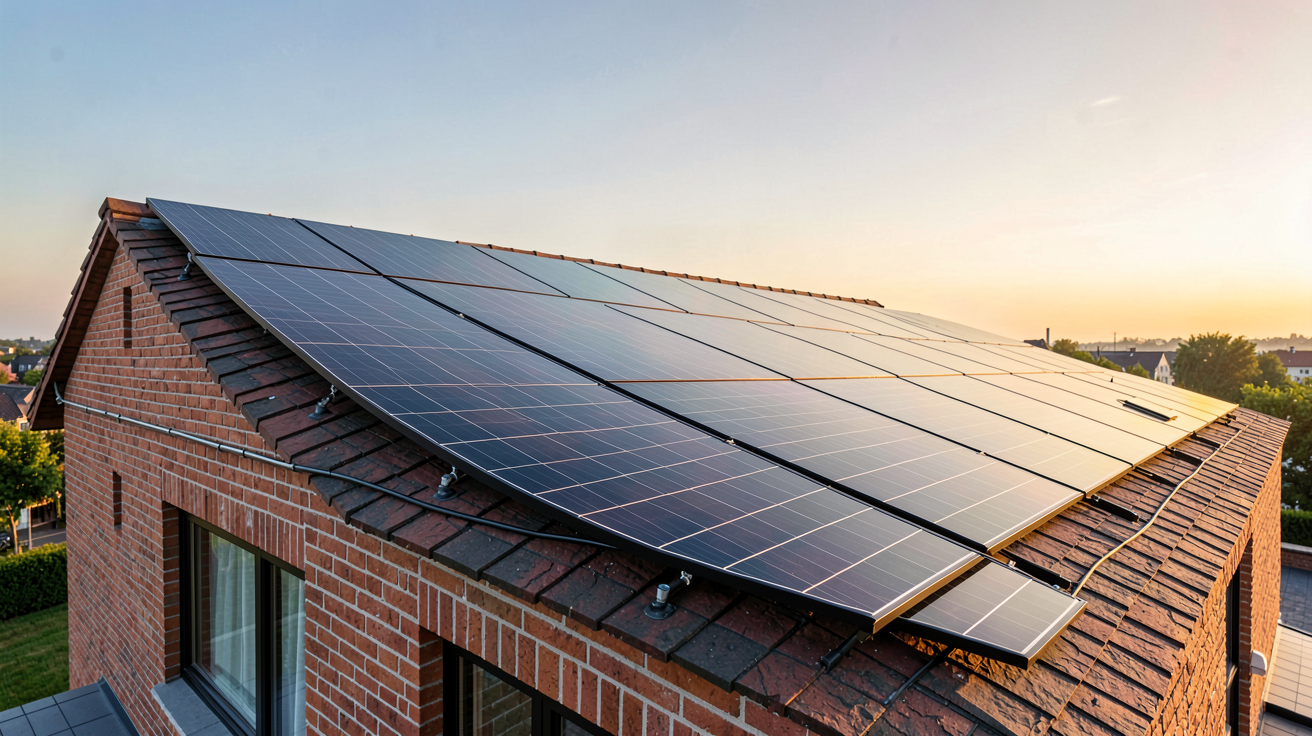 solaire photovoltaïque : panneaux solaires noirs installés sur le toit d'une maison écologique