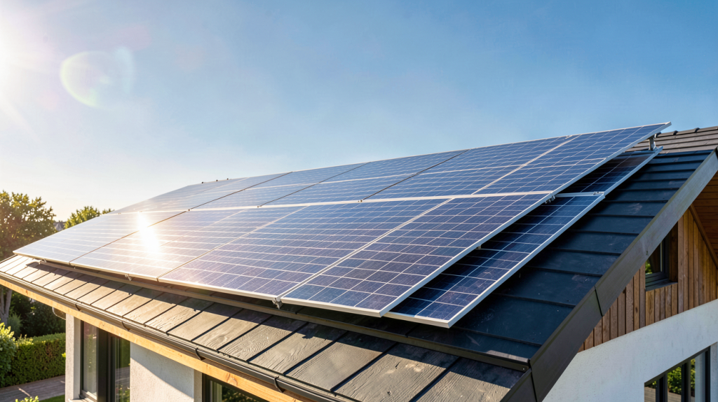 solaire photovoltaïque installé sur le toit d'une maison moderne sous un ciel bleu.