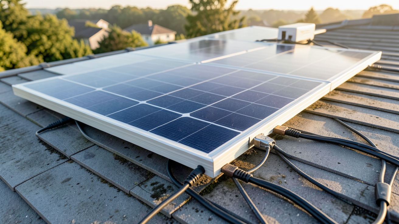 solaire plug and play kit installé sur un toit de maison avec panneaux solaires et micro-onduleur