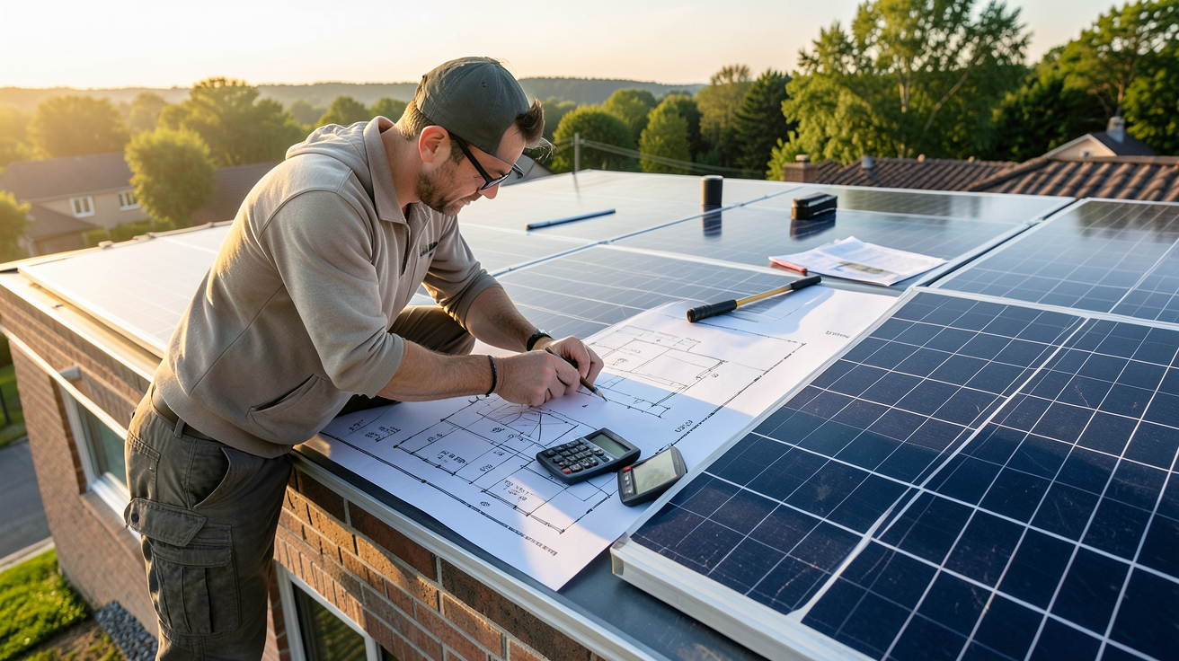 solaire pour maison : technicien dimensionnant une installation solaire sur le toit d'une maison