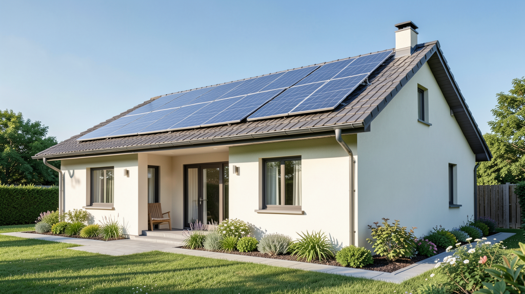 solaire pour maison avec panneaux photovoltaïques installés sur le toit d'une maison individuelle
