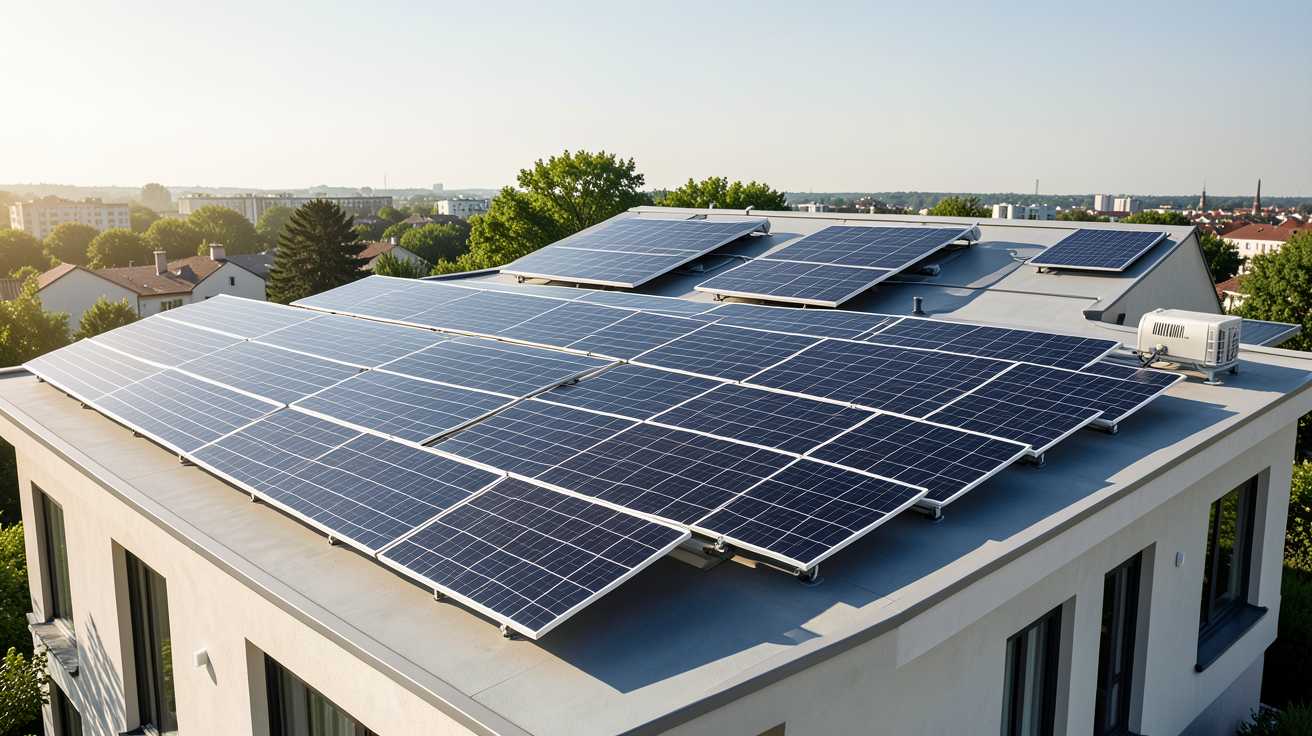 solaire thermique et photovoltaïque installés sur la toiture d'une habitation moderne pour la production d'énergie et de chaleur