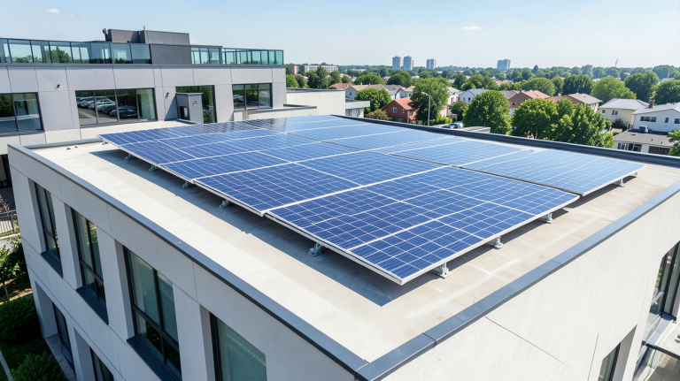 solaire thermique et photovoltaïque installé sur le toit d'un immeuble moderne, panneaux solaires lumineux et capteurs thermiques sous la lumière du jour
