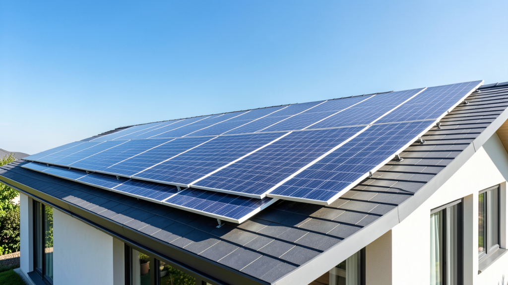 solaire thermique ou photovoltaique installé sur le toit d'une maison moderne