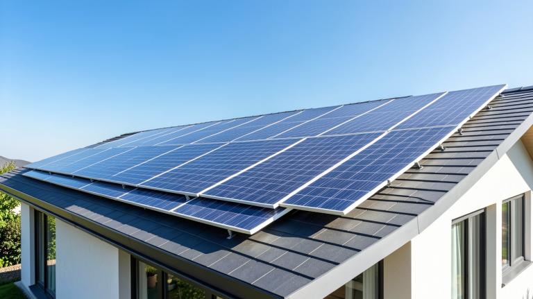 solaire thermique ou photovoltaique installé sur le toit d'une maison moderne